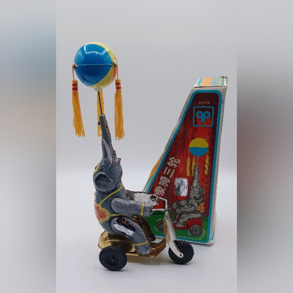 Vintage Bric Tin Elephant On a Bike Wind Up Collector's Circus Toy Original Box
